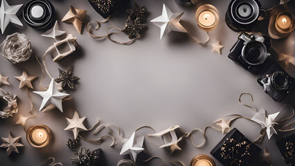 Christmas composition. Frame made of christmas decorations on gray background. Flat lay. top view. copy space