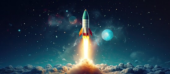Launching a creative rocket in a starry sky Startup and travel concept Rendering - obrazy, fototapety, plakaty