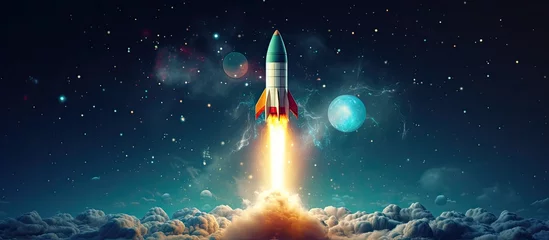 Foto op Canvas Launching a creative rocket in a starry sky Startup and travel concept Rendering © TheWaterMeloonProjec