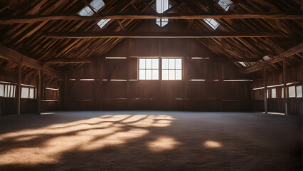 Wooden barn interior with sun rays. 3D Rendering. - obrazy, fototapety, plakaty