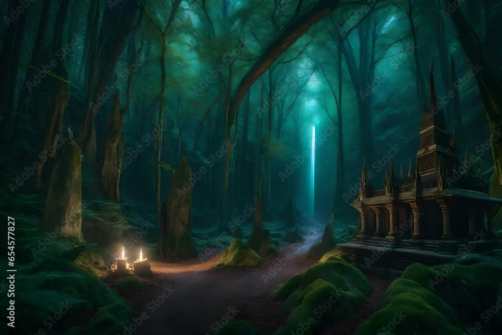 Poster a mysterious forest in a fantasy world, illuminated by a shimmering unicorn, surrounded by a real-wo