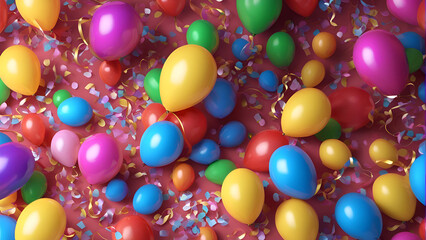 Colorful balloons and confetti on pink background. 3d rendering