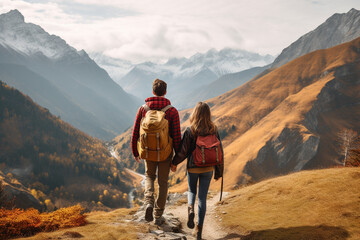 rear view backpacker or hiker or camper, mountains, woman and man on a trip together
