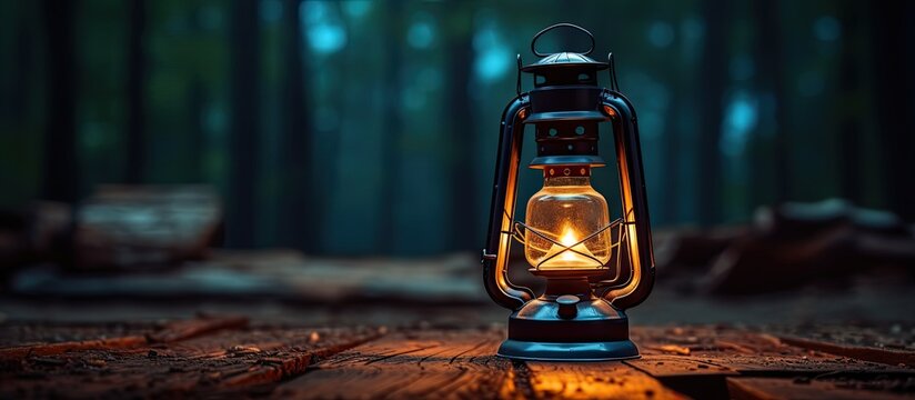 Antique oil lamp on wooden floor in forest at night creating camping ambiance