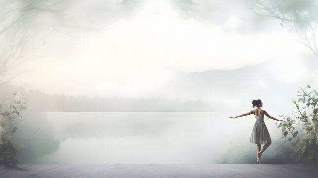 A banner with a serene scene of a dancer in a natural setting with copy space, person in the fog