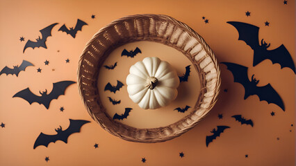 Halloween pumpkin and bats on orange background. Top view with copy space