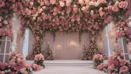 Fototapeta na wymiar Wedding arch decorated with pink roses. 3d rendering.