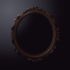 Black mirror. Dark mirror. Illustration of an oval gold frame on a black background with copy space