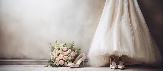 Chic bridal attire and bouquet inside