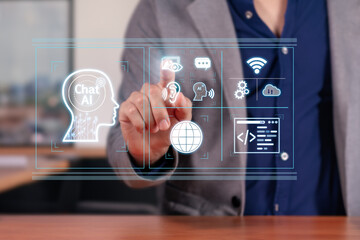 Multimodal Interaction with AI: Businessman Engaging with AI Chat that Sees, Hears, and Speaks. Chatbot AI Conversation Concept