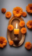 Obraz na płótnie Canvas Burning candle with calendula flowers on a dark background.