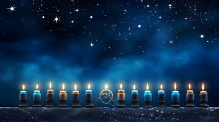 Burning candles, Hanukkah celebration banner, menorah candles and dreidels, starry night sky - obrazy, fototapety, plakaty