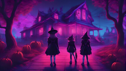 Halloween concept. Three girls in witch halloween costumes standing in front of a haunted house