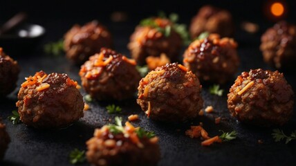 Fryed meatballs on black background, top view, copy space. Beef roasted meatballs ready for eat. - obrazy, fototapety, plakaty