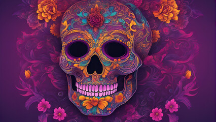 Day of the Dead sugar skull with floral background. Vector illustration.