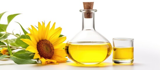 Sunflower oil stored in flask on white backdrop