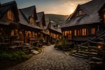 A village, where charming wooden cottages with intricately carved details line cobblestone streets - AI Generative