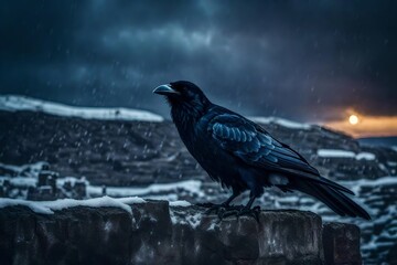 Fototapeta premium Angry ravens of the black tomb, fire, ice, snow, rain, sunset - AI Generative