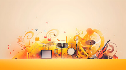 International Music Day banner, 21 June, musical notes and instruments, a lively concert atmosphere, Music background with notes