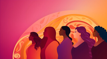 International Women's Day banner, diverse group of women and empowerment symbols, 8 March, vibrant background