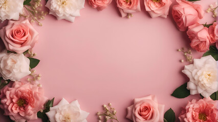 top view of pink and white roses on pink background with copy space