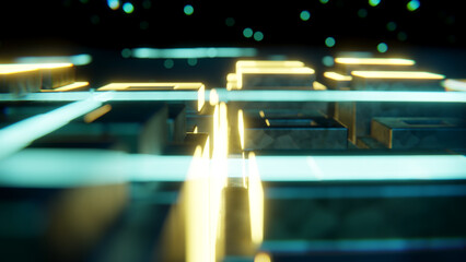 3d Render, fantastic animation Futurisc with lights. Concept dynamic and surreal VJ loop for music videos, night clubs, audiovisual show and performance, LED screens and projection mapping.