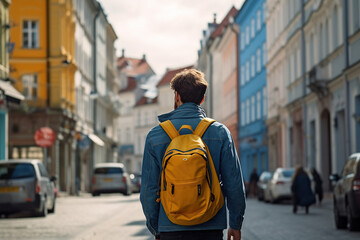 Fototapeta premium everyday life in the city, people in a side street, man with a yellow backpack and a blue jacket, city trip or travel, city life