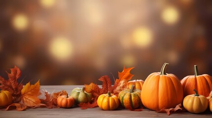 Thanksgiving Day, background of pumpkins, corn and leaves. - obrazy, fototapety, plakaty