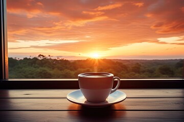 cup of coffee on the window with a view of the sunrise