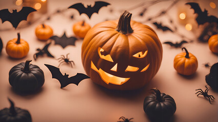Halloween background with pumpkins. bats and spiders on a brown background