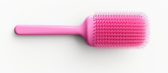 3 dimensional pink brush for childrens hair illustrated in a girls hand against a white background...
