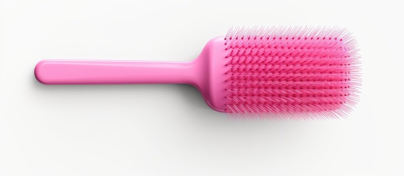 3 dimensional pink brush for childrens hair illustrated in a girls hand against a white background A tool used in a barber shop for hair care services designed as a cute cartoon toy and rep