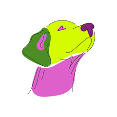 Profile of multicolored dog looking up on white background. Line art style. Cute colorful vector illustration 