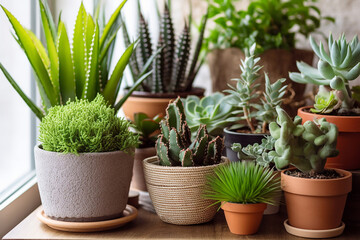 Diverse House Plant Collection Cacti and Succulents in Various Pots - Created with Generative AI Tool