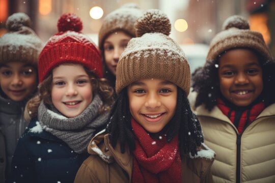 Portrait of young and diverse group of children outside during winter and snowfall