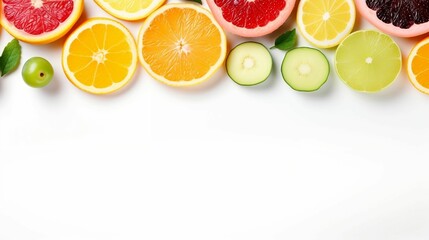Color fruit and vegetable slices on white copy space background
