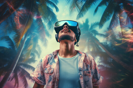 virtual vacation, young adult man wears VR glasses, Virtual reality, traveling in rualb in the digital world, virtual world 3d, fictional place on vacation