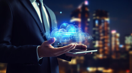 Businessman holding virtual cloud computing on smartphone to transfer data information and upload download application. Technology transformation concept. - obrazy, fototapety, plakaty