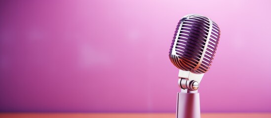 Text space available on a professional microphone in front of a pink purple background for podcasts...