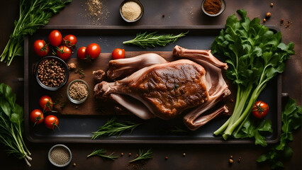Raw pork knuckle with herbs and spices on dark background. top view
