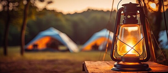 Fototapeta na wymiar Vintage camping lantern hanging on steelstand surrounded by tents in nature