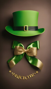 Green leprechaun hat and green bow tie on brown background