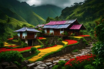 Fototapeta na wymiar masterpiece mountain province with small native houses with colorful gardens and flowers outside on a rainy day - AI Generative
