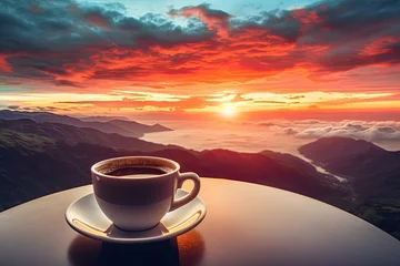 Poster cup of coffee on the window with a view of the sunrise © PinkiePie