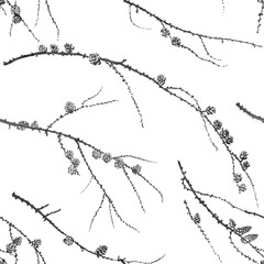 Hand drawn seamless pattern. Larch branches, cones, needles in winter.  Christmas surface for textile, wallpaper, gift wrapping paper, decoration, card, invitation, background. Sumi-e ink, watercolor.