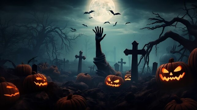 Zombie hands rise from graveyard with jack-o'-lanterns in misty night
