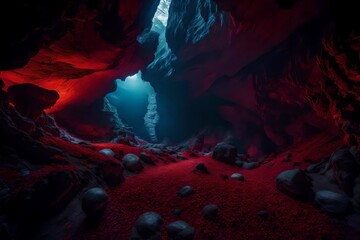 scary cave on a mysterious planet, skulls, broken astronaut suits, mysterious red plants, dark and interesting vibe - AI Generative