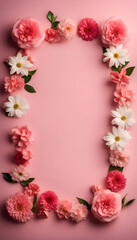 Frame made of beautiful flowers on pink background. flat lay. Space for text