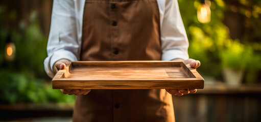 Waiter holding an empty tray in outdoor cafe. Catering service. Empty space for display or montage your products. 
