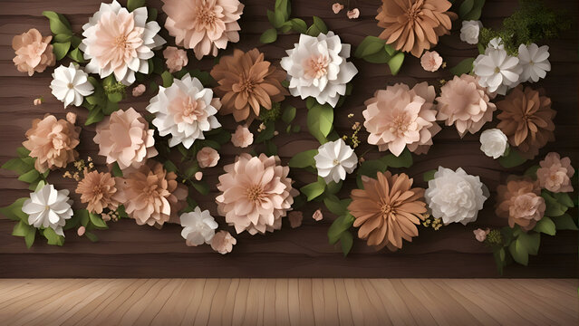 3d illustration of floral background with flowers and wooden planks.